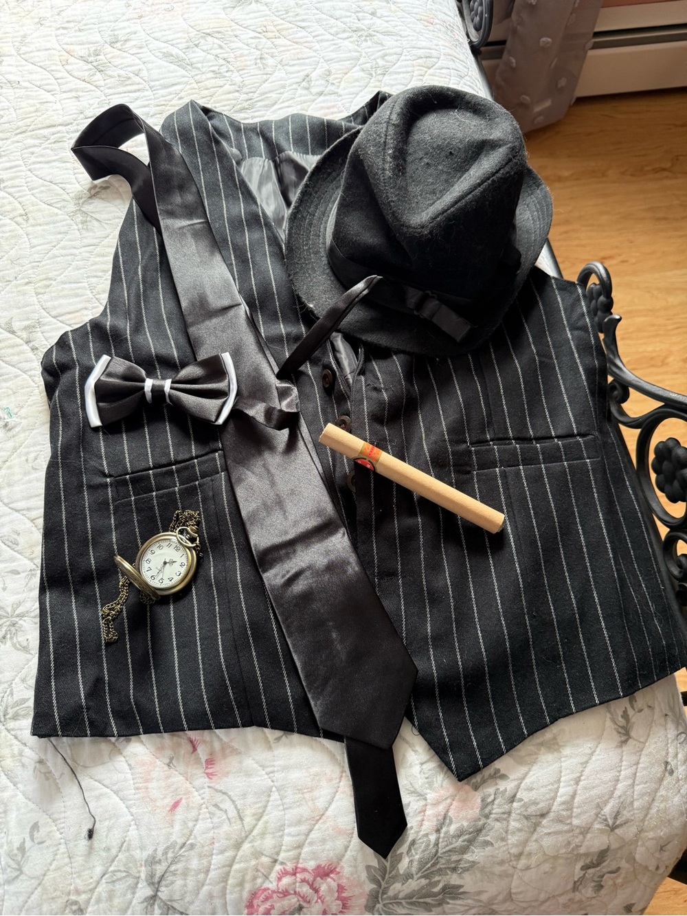 Black Pinstripe Kids Gangster Costume Vest, Tie & Hat Set